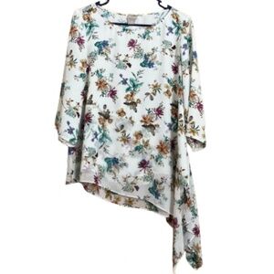 Chico’s Women White Multi Floral Print Asymmetrical Summer Tunic Top Sz-8/10P